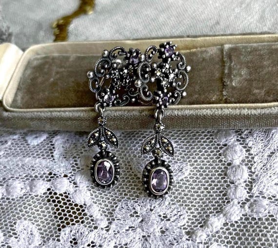 Beautiful Vintage Co. Art Deco Revival Sterling Silver faceted Amethyst Marcasite and Onyx accented exquisite stamped Screw Back Earrings