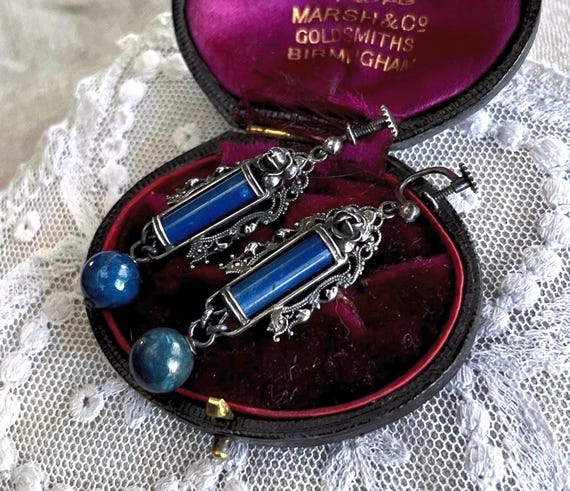 Antique German Sterling Silver Lapis Lazuli Drop Earrings: Arts and Crafts Screw Back