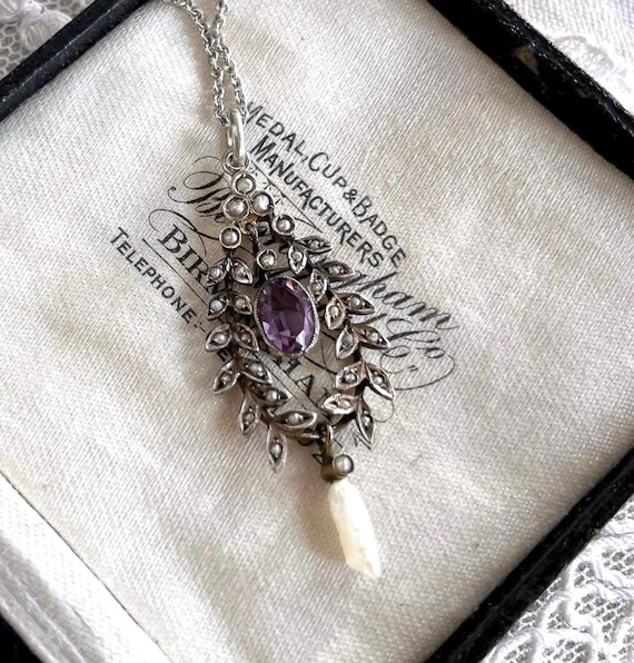 Antique Edwardian Belle Époque Sterling Silver genuine Seed Pearl brilliant faceted Amethyst gemstone exquisite hallmarked Pendant Necklace