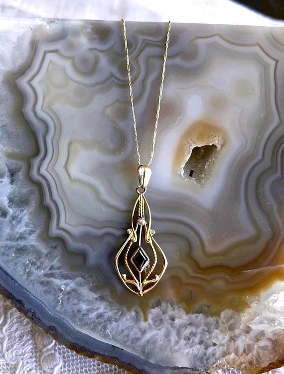 Edwardian 10K Gold Teal Sapphire Lavaliere Necklace: Antique Filigree Seed Pearl Pendant