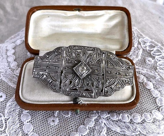Antique Edwardian Sterling Silver Paste Stone Brooch: French Trombone Clasp
