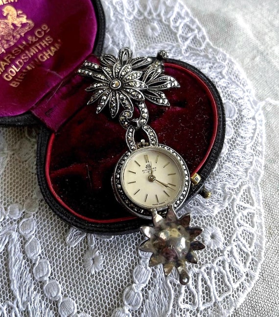 Fine vintage Mid Century Carl Bucherer 800 Silver Swiss made A.S. 970 manual wind faceted Marcasite accented hallmarked Lapel Brooch