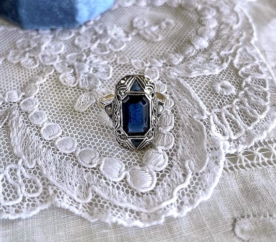 Antique Art Deco Cocktail Ring: 9K Gold, Sterling Silver, Blue Paste Stone, Marcasite Accents