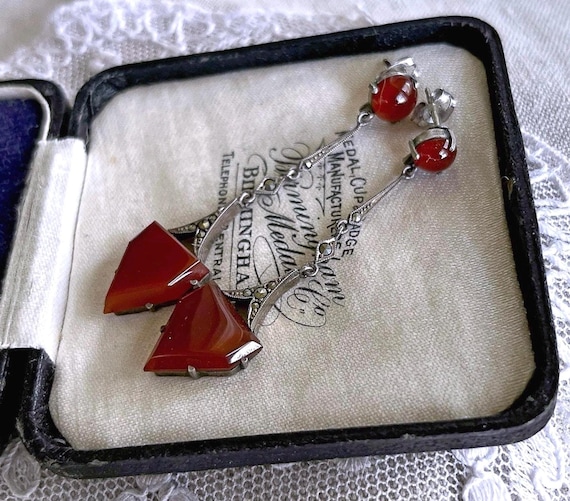 Antique 1920s Art Deco Era Sterling Silver faceted Marcasite authentic Carnelian signed pierced drop Earrings