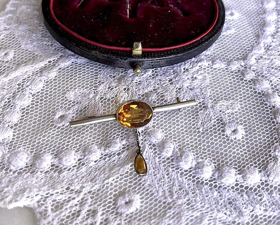 Antique Victorian Gold Filled Brooch, Genuine Yellow Topaz, C Clasp Dangle