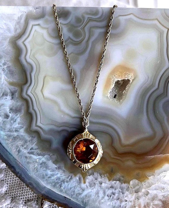 Delicate antique 10k Yellow Gold faceted Topaz accented lovely hallmarked Pendant Necklace