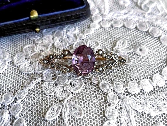 Victorian 9k Gold Amethyst Brooch: Seed Pearl Accented Lapel Pin