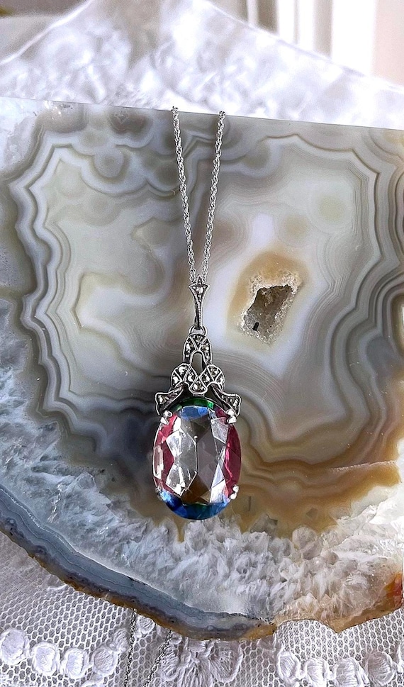 Vintage German Art Deco 935 Silver faceted Iris Watermelon Czech Glass stamped Pendant Necklace