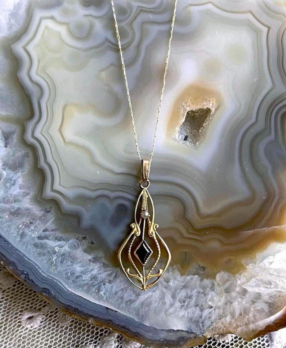 Edwardian 10K Gold Sapphire Lavaliere Necklace: Antique Filigree Seed Pearl Pendant
