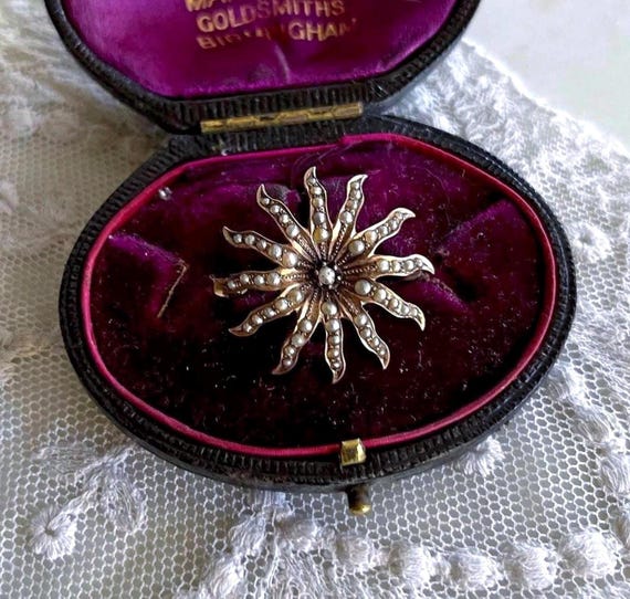 Antique Victorian 9k Yellow Gold Seed Pearl accented Starburst Brooch