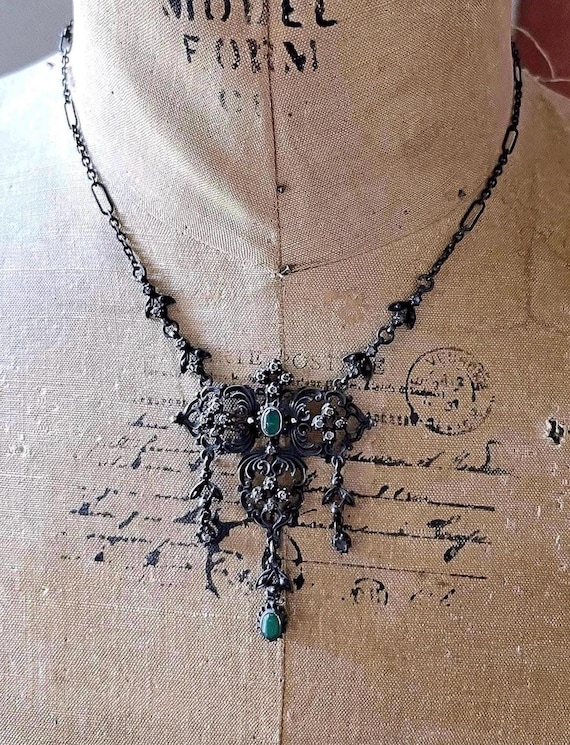 Vintage Austro-Hungarian Bohemian Revival Sterling Silver genuine Moissanite Simulated Emerald accented hallmarked Necklace