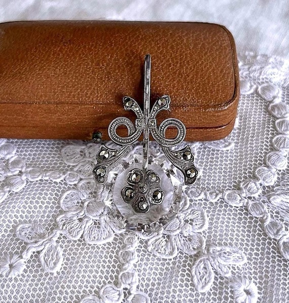 Antique Art Deco Sterling Silver faceted Glass Marcasite accented hallmarked Pendant