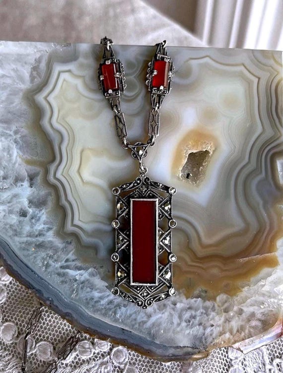Vintage German Art Deco Sterling Silver Carnelian Marcasite Lavaliere Necklace