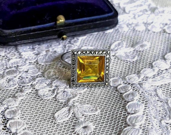Rare 1930s European Art Deco 935 Silver genuine sparkling Citrine gemstone brilliant Marcasite accented gorgeous hallmarked Cocktail Ring