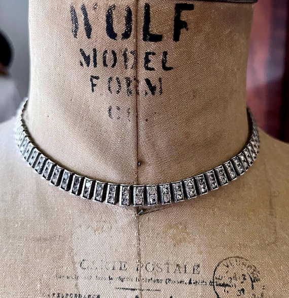 Dazzling vintage Catamore Enterprises 1940s Sterling Silver brilliant faceted Paste Stone accented elegant stamped Choker Necklace