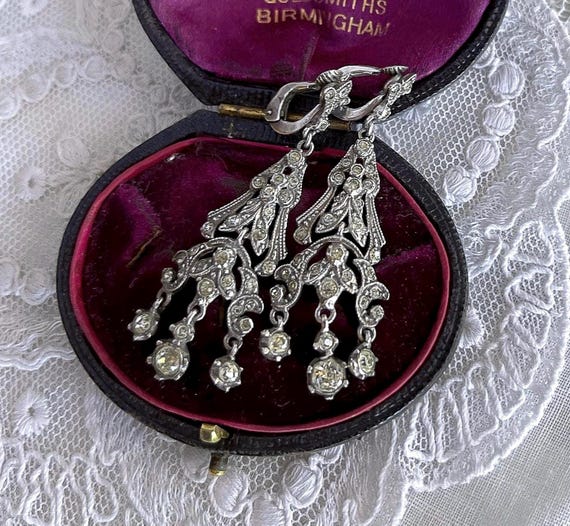 Antique Georgian Revival 830 Silver faceted Paste Stone accented elegant hallmarked Clip Drop Earrings