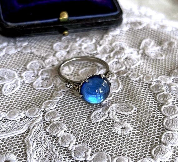 Art Deco Sterling Silver Sapphire Blue Glass Ring: 1930s Cocktail Ring