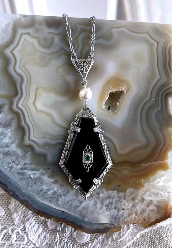 Antique PSCO Edwardian Belle Epoque Rhodium Plated filigree Jet Black Glass Brilliant faceted Paste Stone accented Lavaliere Necklace