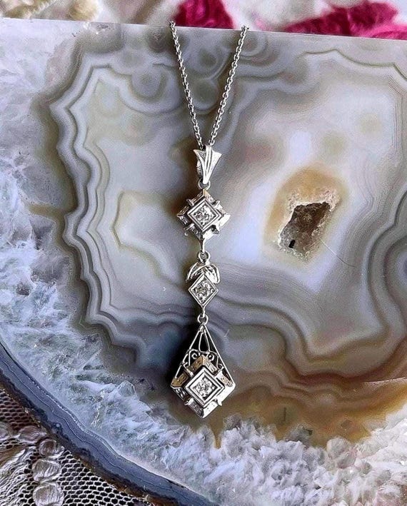 Vintage Edwardian Revival 18K White Gold genuine faceted Diamond accented fine hallmarked Pendant Necklace