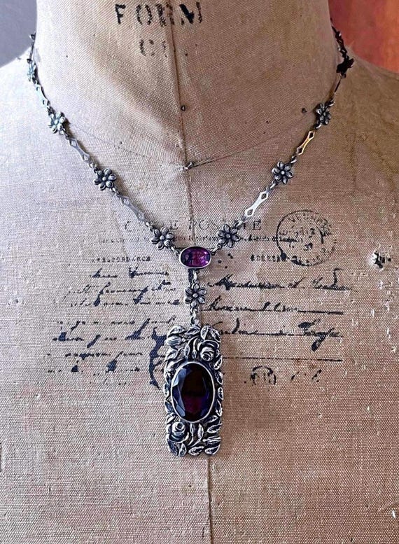 Magnificent antique Art Nouveau Sterling silver Amethyst Paste Stone Floral Motif Lavaliere Necklace