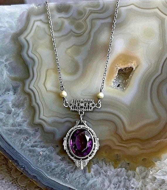 Sophisticated antique Edwardian Belle Époque 10K White Gold Filigree genuine faceted Amethyst gemstone hallmarked Lavaliere Necklace
