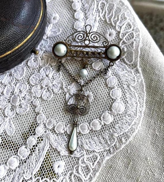 Rare antique Arts and Crafts Scandinavian gold Pinchbeck luminous White Enamel Work exquisite Solje Dangle Brooch