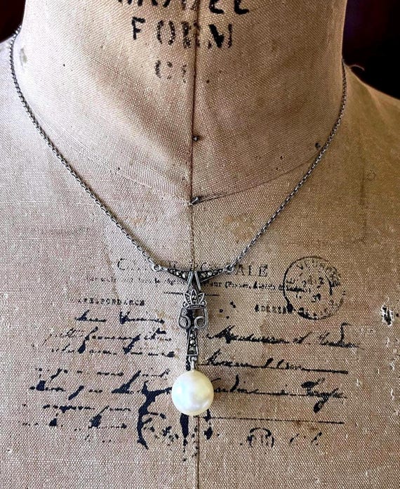 Vintage 1930s Sterling Silver Marcasite Pearl Lavaliere Necklace
