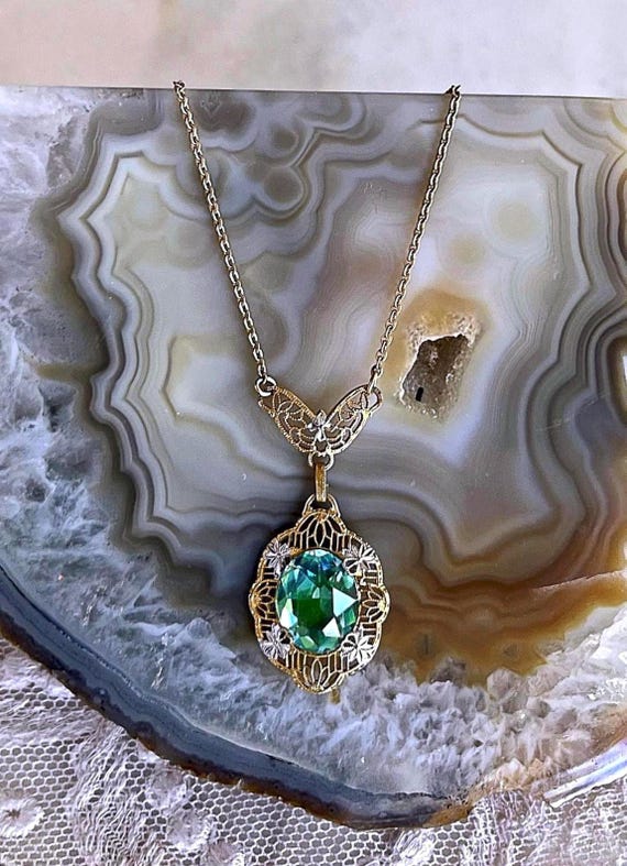 Antique Edwardian Belle Époque Gold Pinchbeck faceted Uranium Glass accented hallmarked Lavaliere Necklace