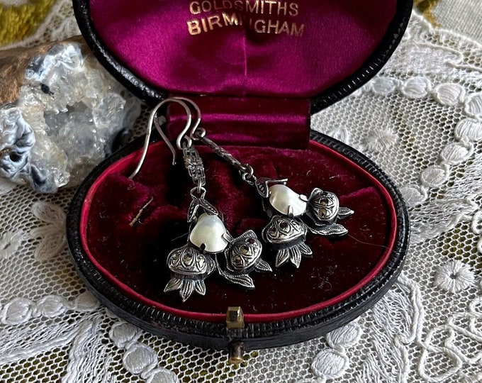 Antique Edwardian Belle Époque Sterling Silver genuine Baroque Pearl faceted Marcasite accented beautiful hallmarked Drop Earrings