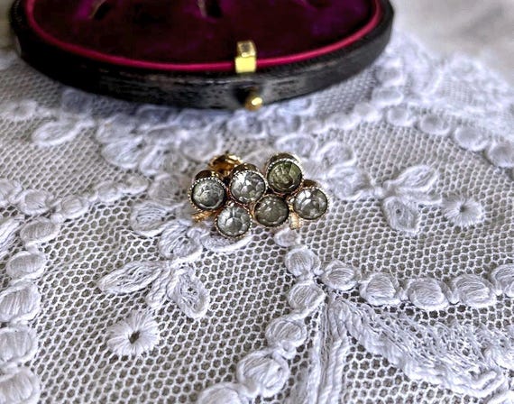 Antique Victorian 14K Rose Gold Butter Cup Diamond Paste Stone pierced Screw Back Earrings