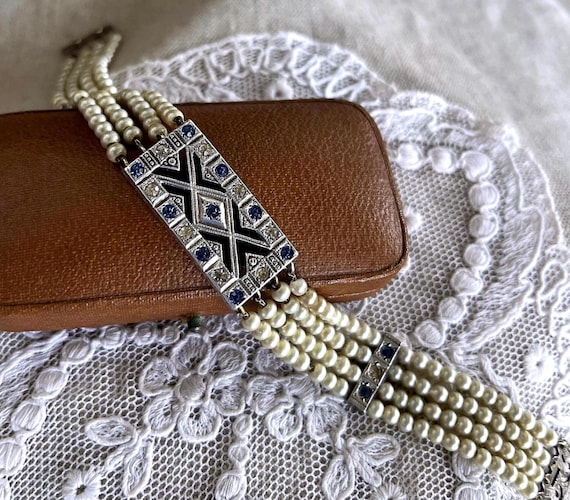 Art Deco Sterling Silver Pearl Bracelet: Blue Paste Stone, Triple Strand