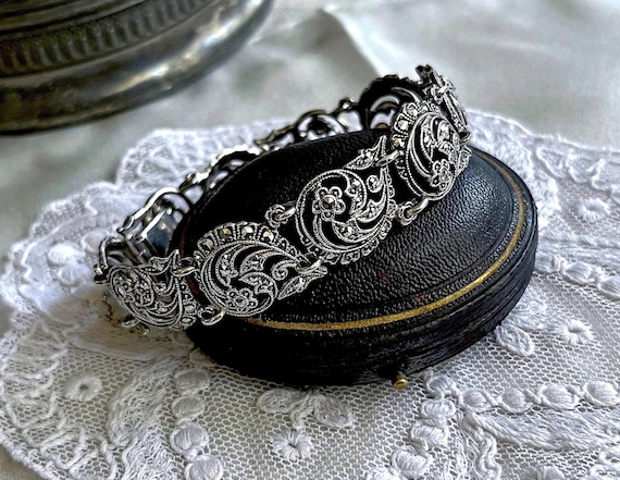 Art Deco Marcasite 830 Silver Link Bracelet - German Austrian Floral Design