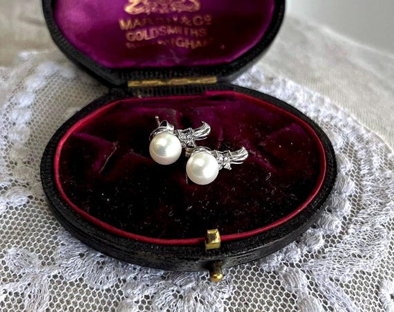 Vintage 10K White Gold genuine Cultured Pearl and Diamond accented hallmarked Stud Earrings