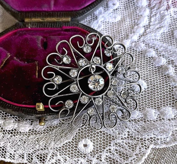 Antique 875 Silver Filigree Brooch, Kharkiv Paste Stone Floral Pin