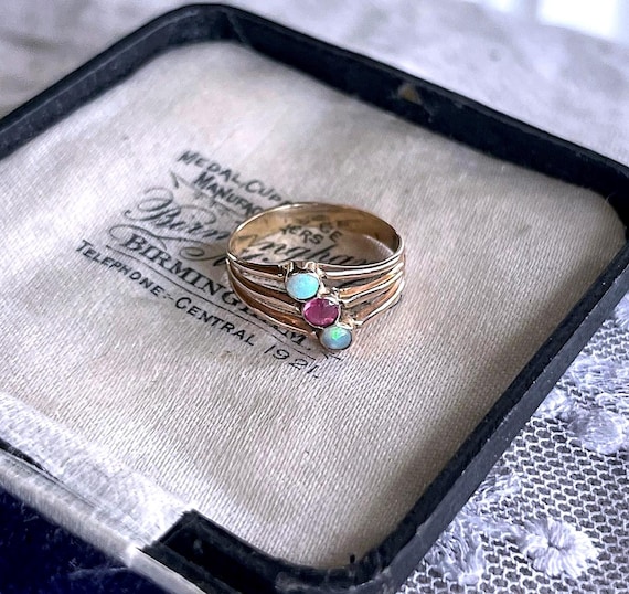 Victorian 10K Rose Gold Ring: Ruby, Opal & Seed Bead Heirloom