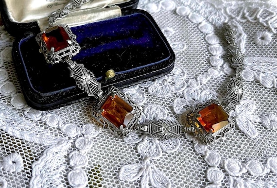 Antique Edwardian Sterling Silver Filigree Bracelet: Yellow Topaz Paste Stone