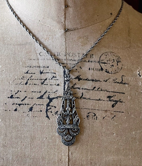 Antique Edwardian Belle Époque Sterling Silver faceted sparkling Marcasite Crystal accented regal stamped Pendant Necklace