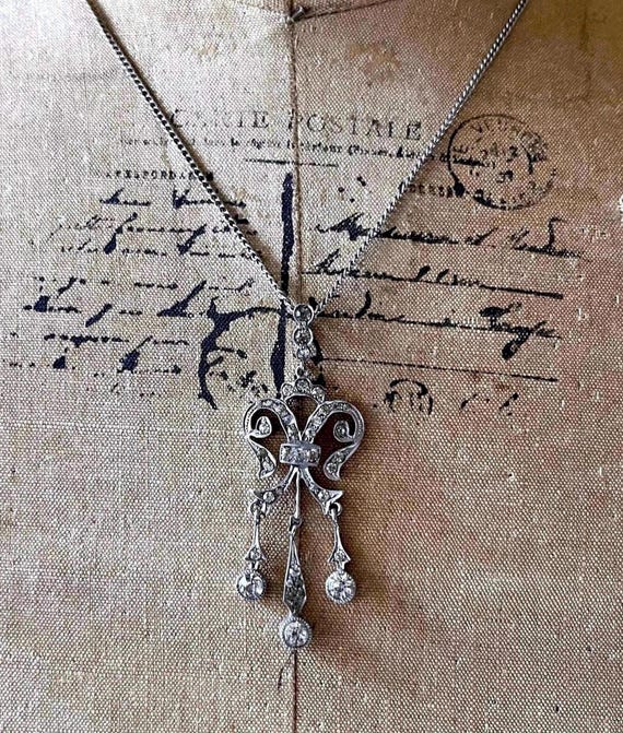 Exquisite antique French Edwardian Belle Époque Sterling Silver brilliant faceted Diamond Paste Stone accented signed Lavaliere Necklace