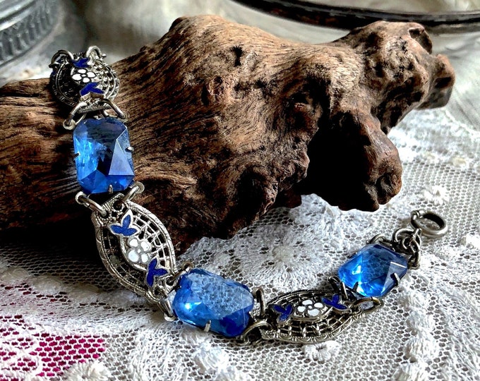 Antique early 1920s Art Deco Rhodium plated filigree faceted Sapphire Blue Paste Stone floral motif Enamel Work Link Bracelet