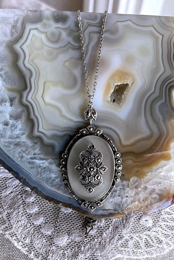 Antique Edwardian Sterling Silver Quartz Camphor Glass faceted Marcasite accented hallmarked Pendant Necklace