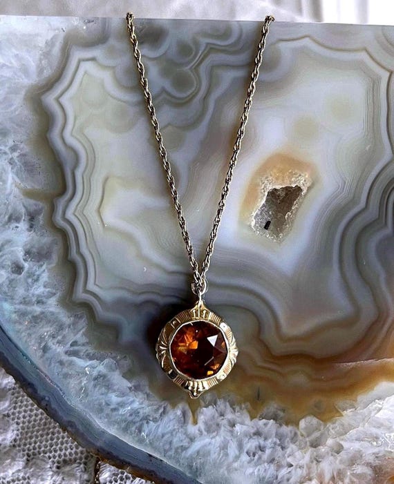 Delicate antique 10k Yellow Gold faceted Topaz accented lovely hallmarked Pendant Necklace