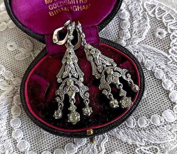 Antique Georgian Revival 830 Silver faceted Paste Stone accented elegant hallmarked Clip Drop Earrings