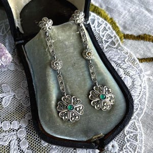 Antique Edwardian 1910s Sterling Silver luminous Chrysoprase Chalcedony Marcasite accented 2.5 inch Screw Back Drop Earrings