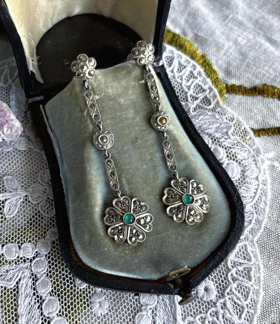 Antique Edwardian 1910s Sterling Silver luminous Chrysoprase Chalcedony Marcasite accented 2.5 inch Screw Back Drop Earrings