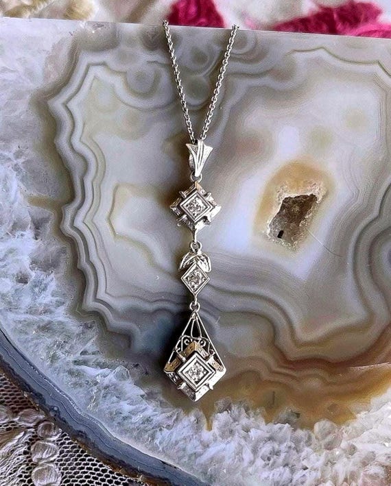 Vintage Edwardian Revival 18K White Gold genuine faceted Diamond accented fine hallmarked Pendant Necklace