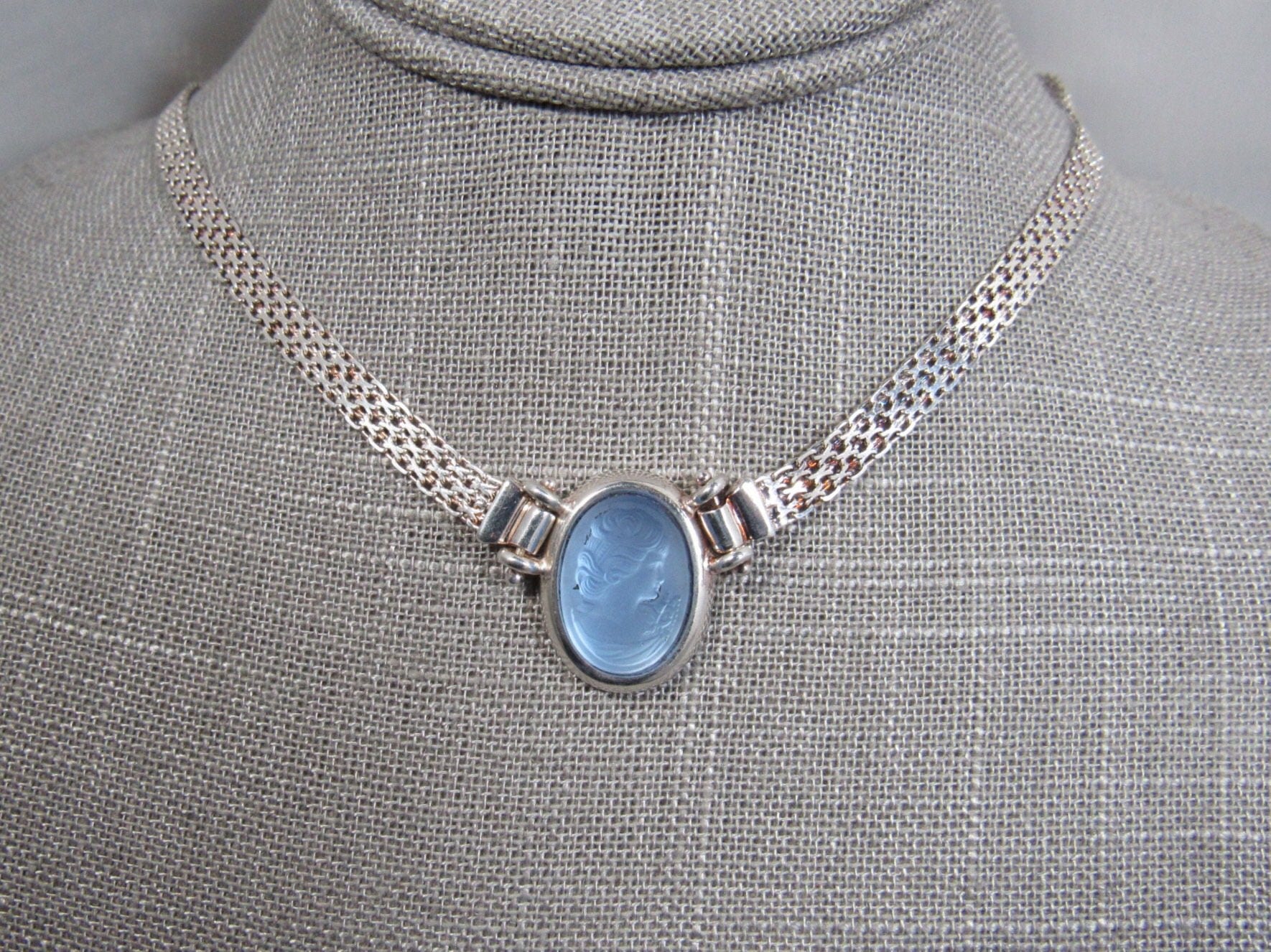 Victorian revival Milor sterling silver carved blue glass cameo mesh