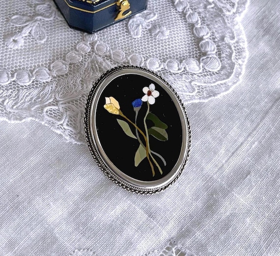 Vintage Pietra Dura Brooch Pendant: 800 Silver Florentine Floral Mosaic