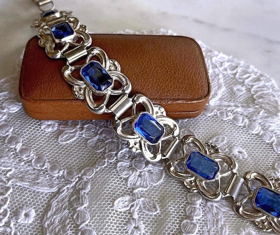 Vintage Jugendstil Art Nouveau 835 Silver Link Bracelet: Topaz Blue Paste Stone