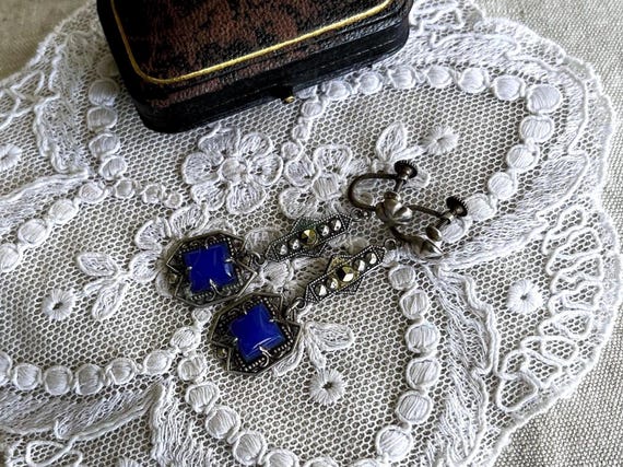 Gorgeous antique Edwardian 1910s Sterling Silver genuine Blue Chalcedony faceted Marcasite Crystal accented screw back Drop Earrings