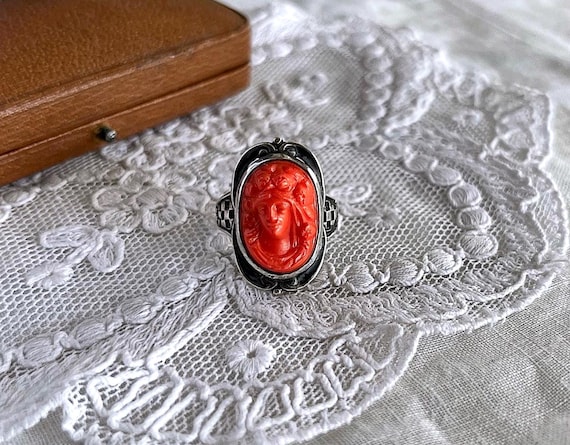 Antique Victorian Sterling Silver Coral Glass Cameo Ring (Size 5.5)
